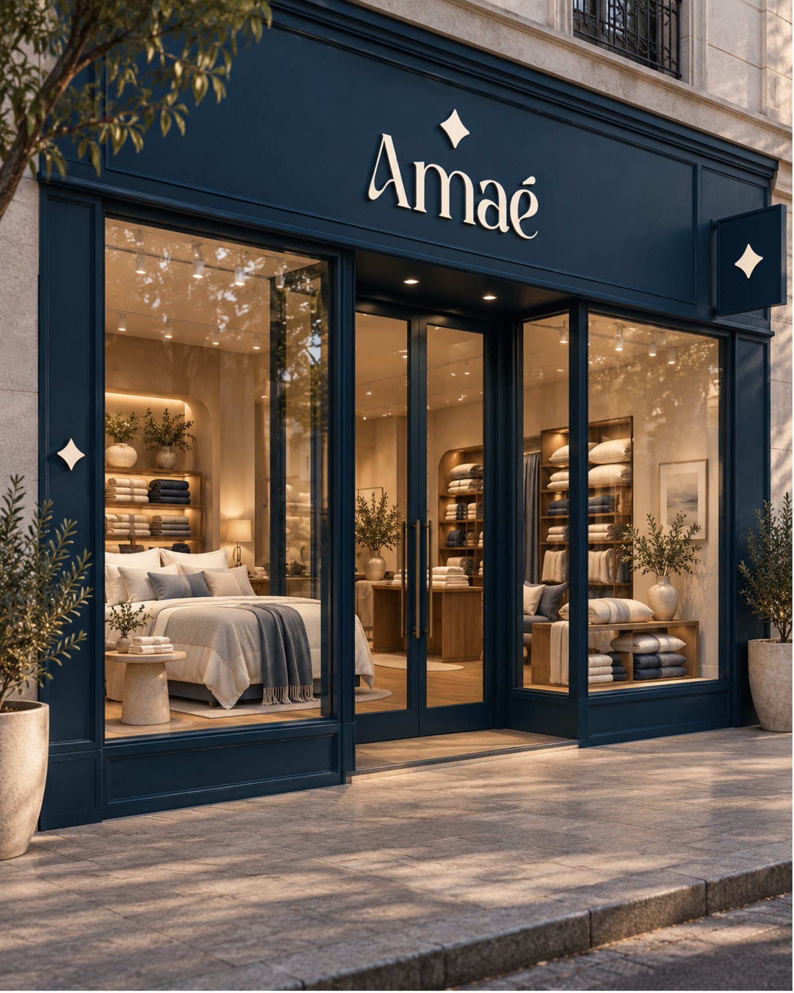 Fachada de tienda AMAÉ en azul noche con el logotipo y el símbolo de cuatro puntas