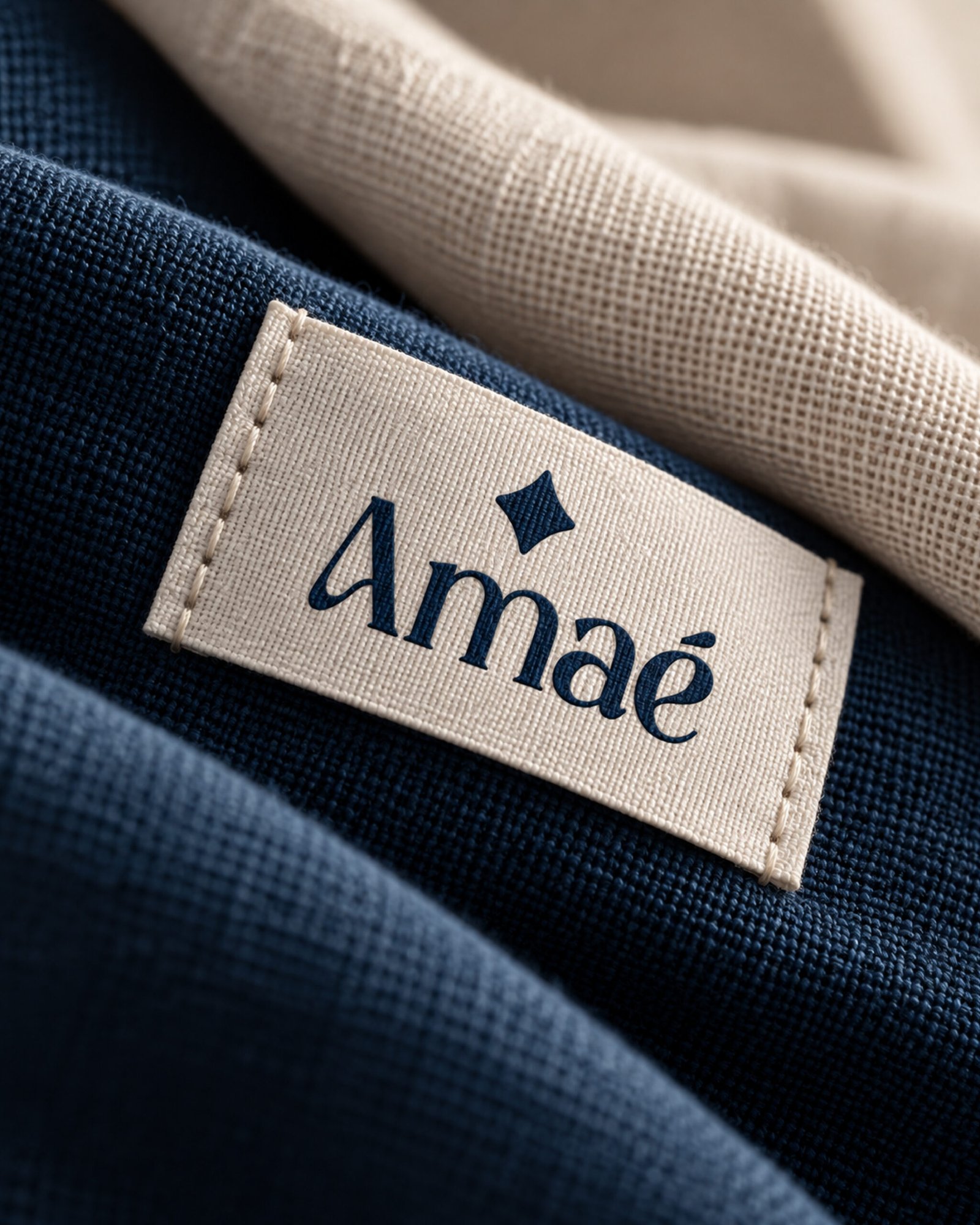 Etiqueta tejida con el logotipo de AMAÉ sobre tela azul noche