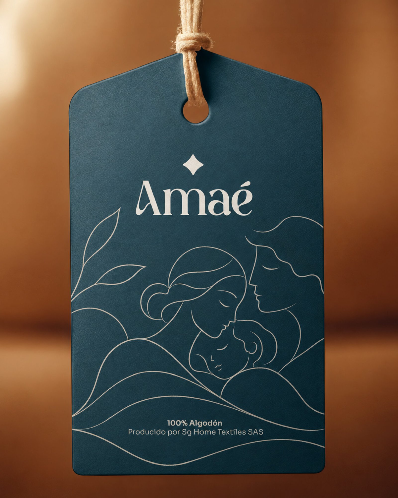 Colgante de cartón azul con el logotipo de AMAÉ y una ilustración de línea de una familia