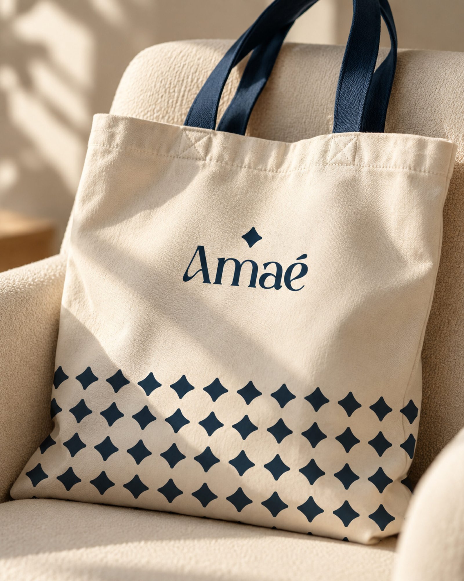 Bolsa de tela cruda con el logotipo de AMAÉ y patrón de estrellas azul noche