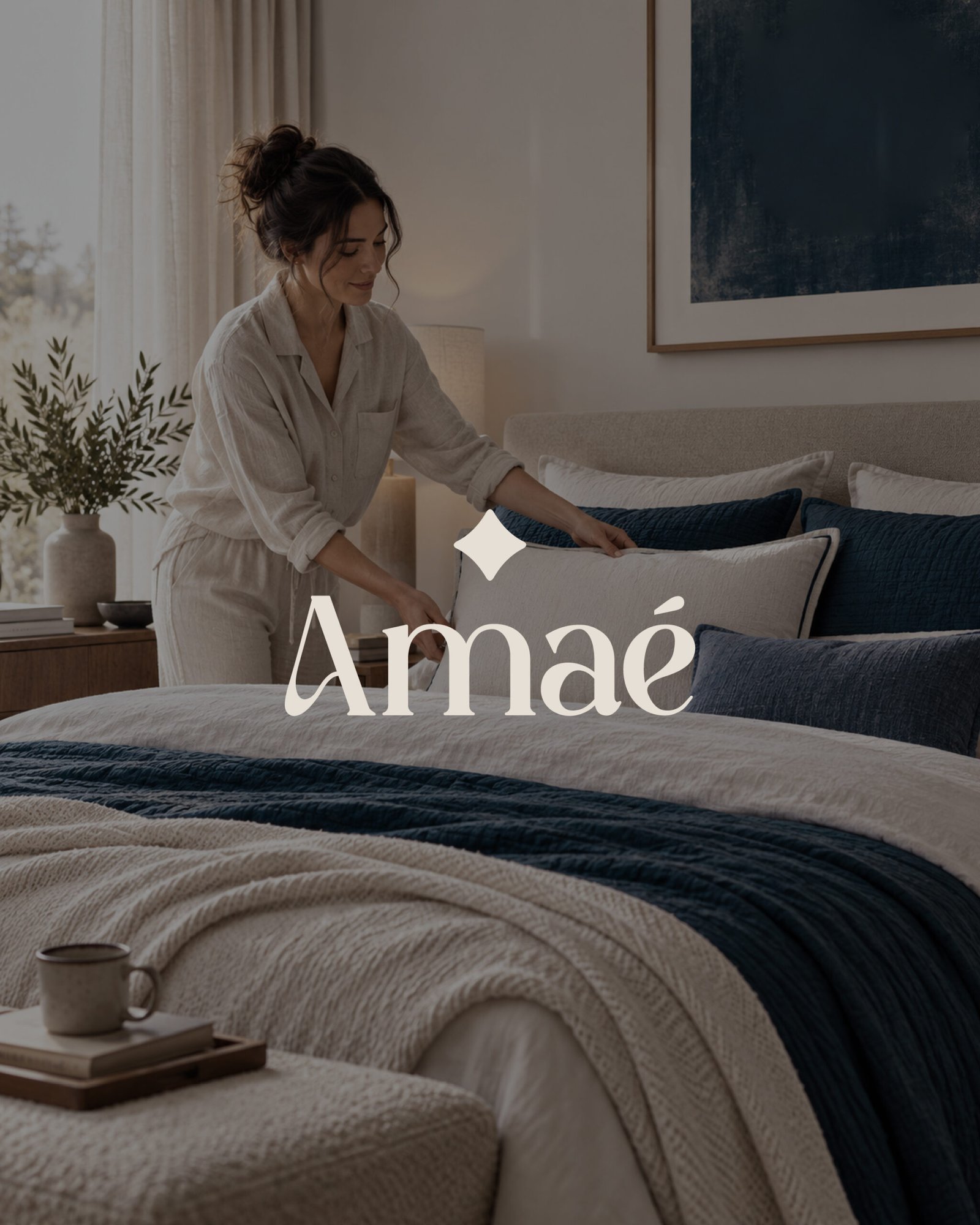 Logotipo de AMAÉ sobre una escena de dormitorio con ropa de cama azul noche y crudo