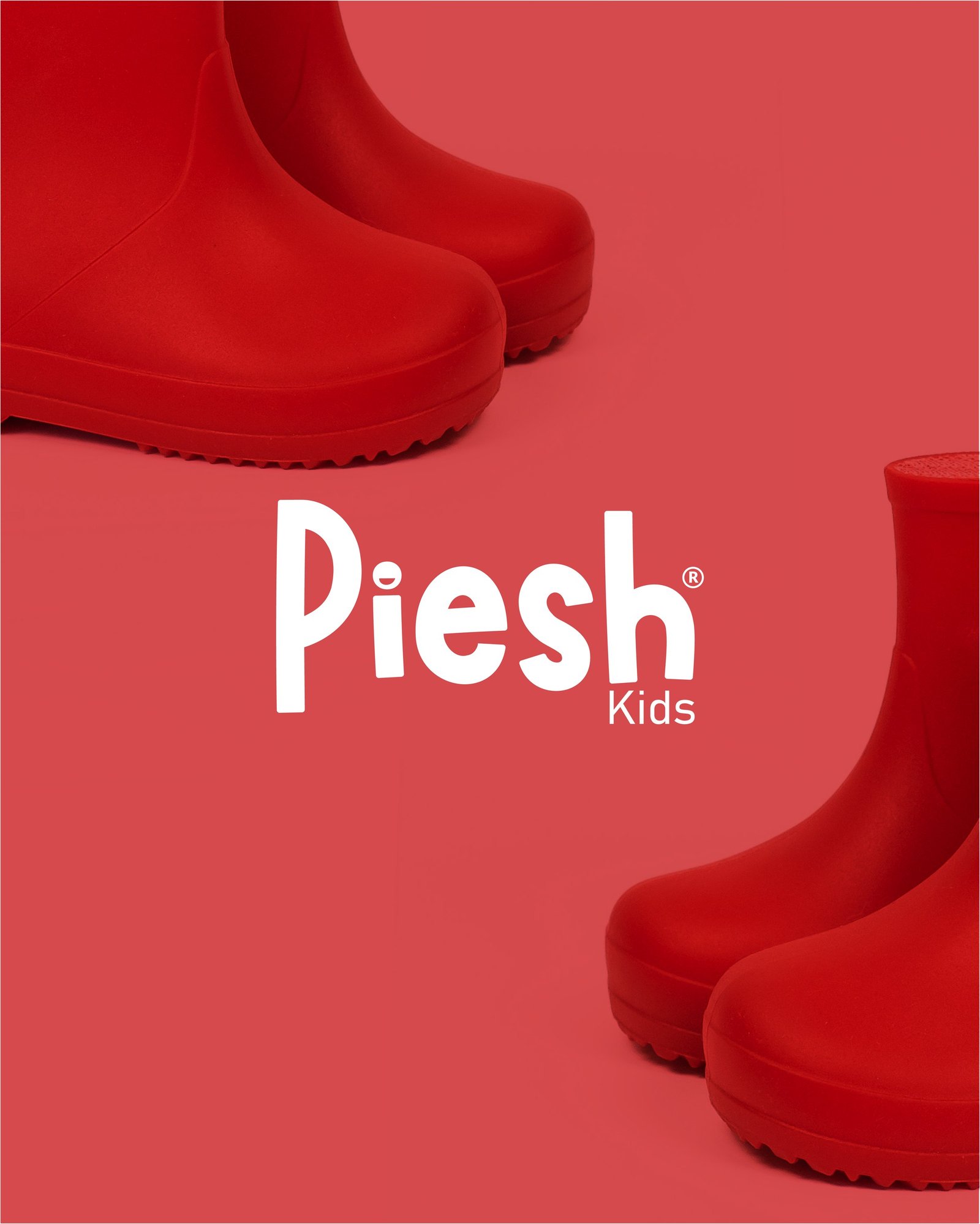 Logotipo de Piesh Kids sobre fondo rojo entre botas rojas